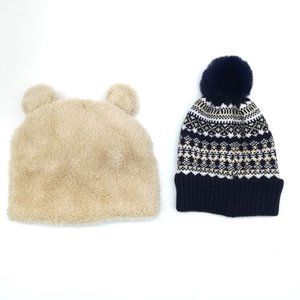 Lot Of 2‎ Baby Boy Winter Hats Beanie Bear Knit Navy Infant 0-12 Months New